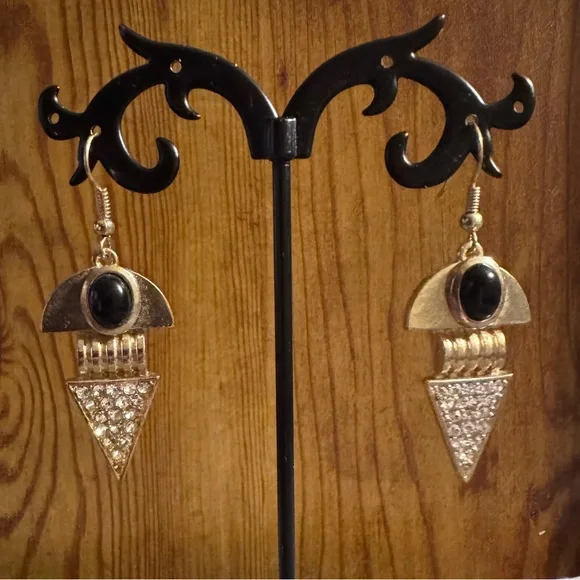 Gold Tone Statement Rhinestone Dangle Earrings - Picture 2 of 5